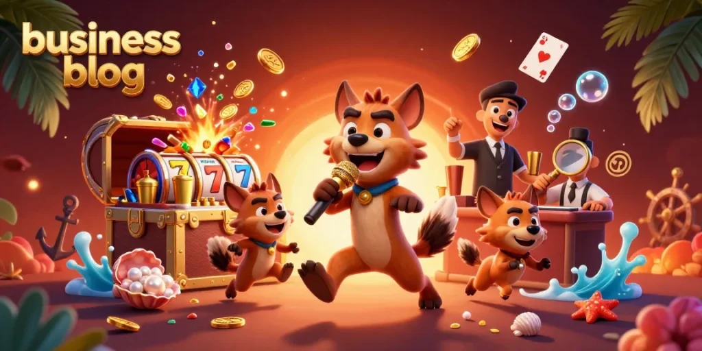 Engage with the whimsical comedy scene of a business blog themed casino featuring hyenas.