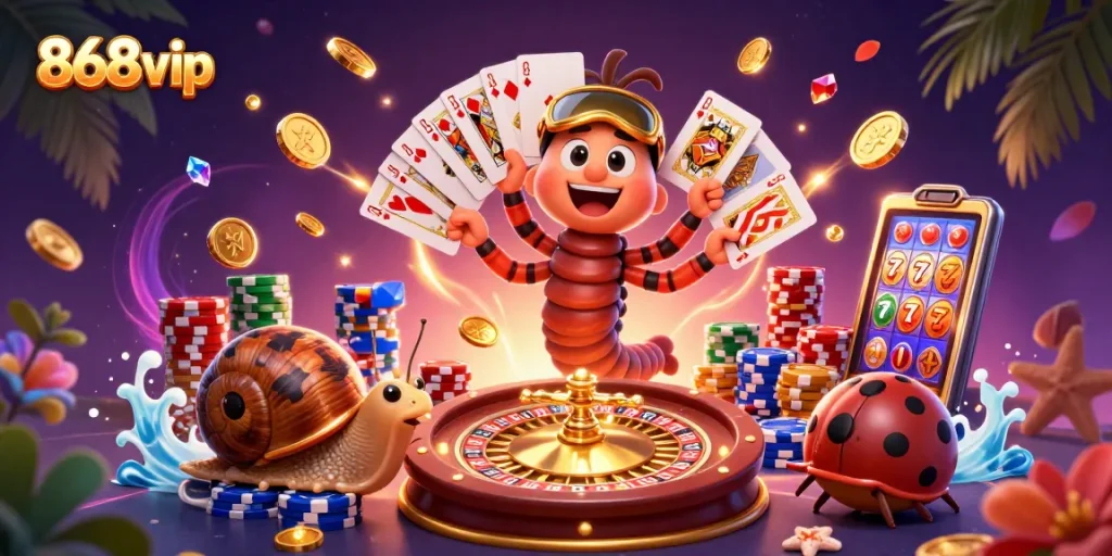 Experience 868vip's advanced casino games with a dynamic illustration of exciting gameplay elements and characters.