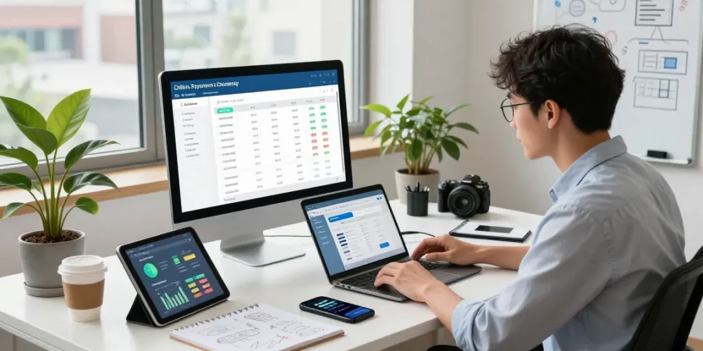 Business owner managing an online payment gateway at a modern office setup.