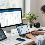 Business owner managing an online payment gateway at a modern office setup.