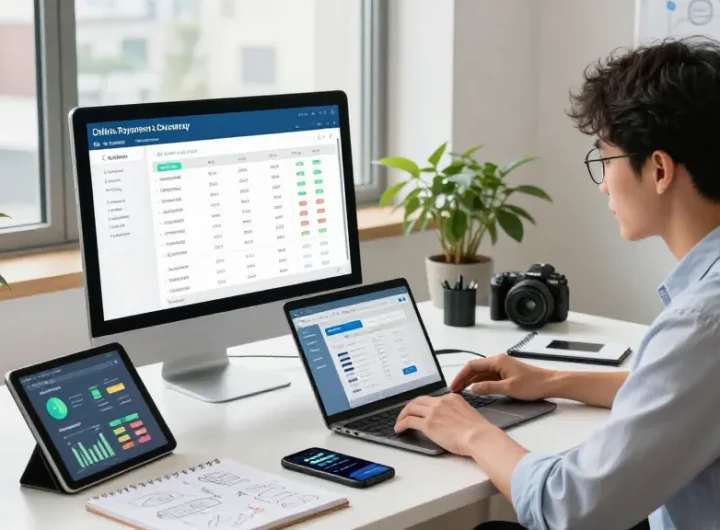 Business owner managing an online payment gateway at a modern office setup.