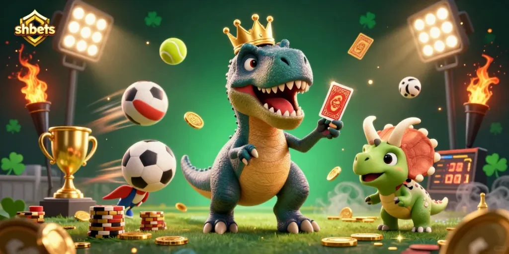 Join the fun at shbets as a T-Rex shuffles cards with help from friends in a vibrant casino scene.