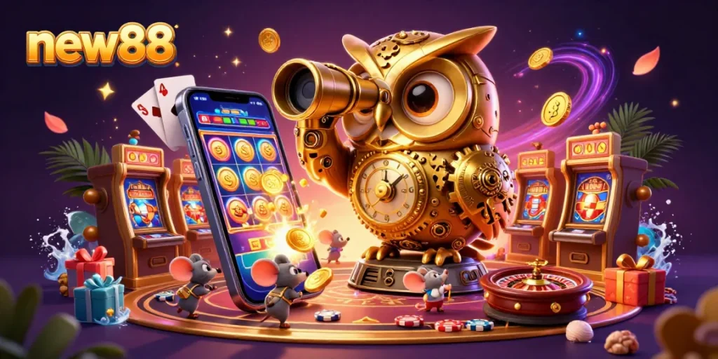 Engage with new88's vibrant casino scene with a whimsical golden owl and mouse patrons.