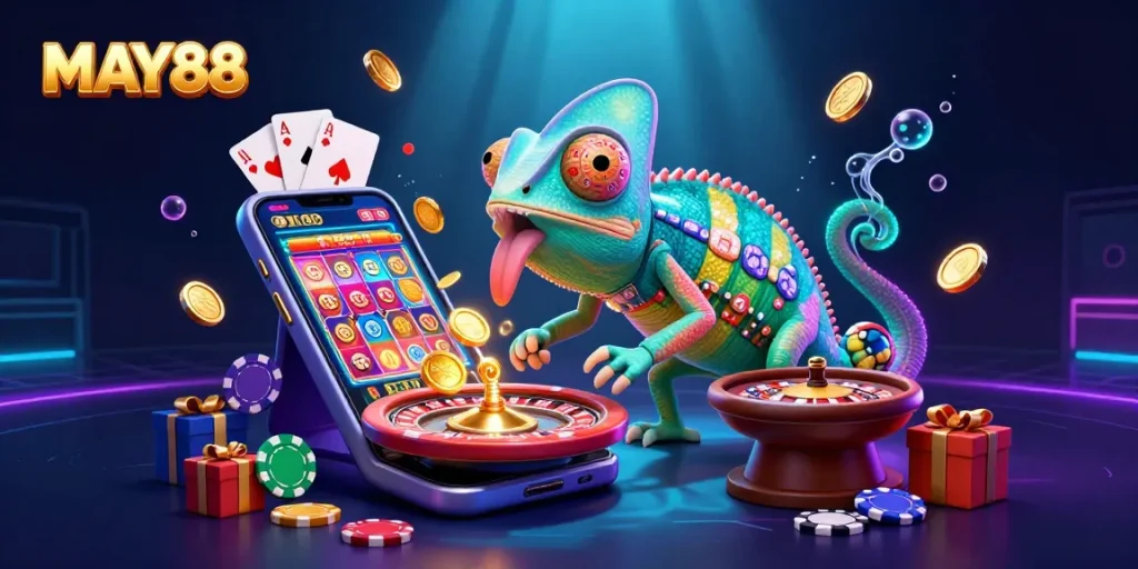 MAY88’s dynamic casino illustration featuring a chameleon casino owner amidst vibrant gaming elements.