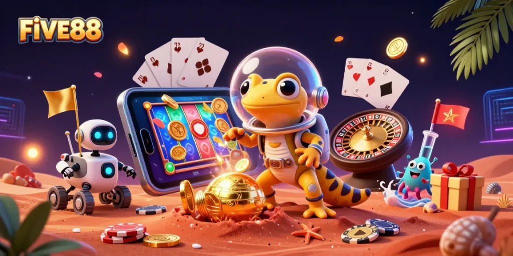 Experience exciting games at FIVE88 with Martian gecko and robot in a vibrant casino scene.