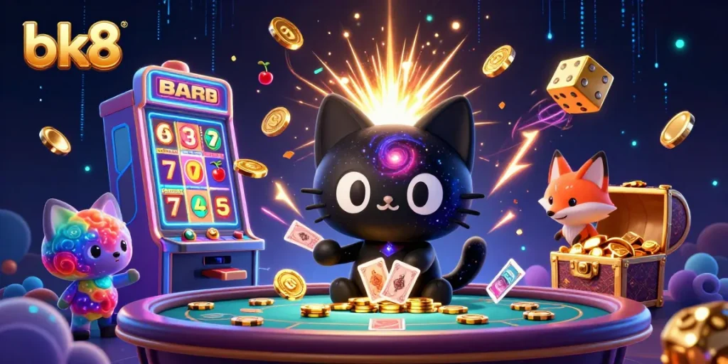 Experience thrilling bk8 games with the cosmic black hole cat and its colorful fox companion in a vibrant casino