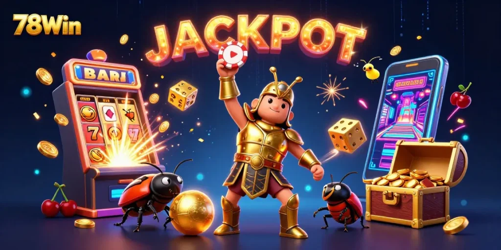 Join the 78Win casino adventure with vibrant characters, explosive jackpot elements, and engaging gaming atmosphere.
